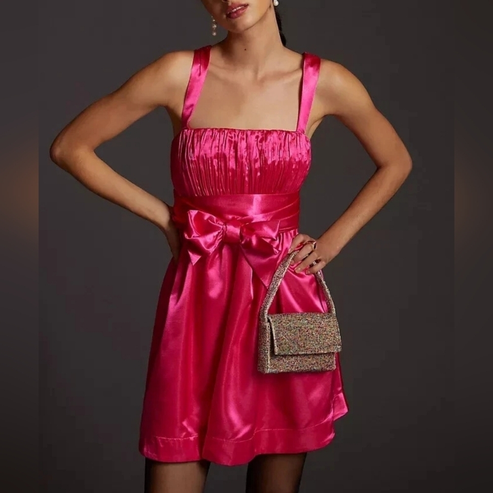 Maeve Anthropologie Satin Bow Tie Mini Dress Whimsy Chic Romance NWOT Size 2